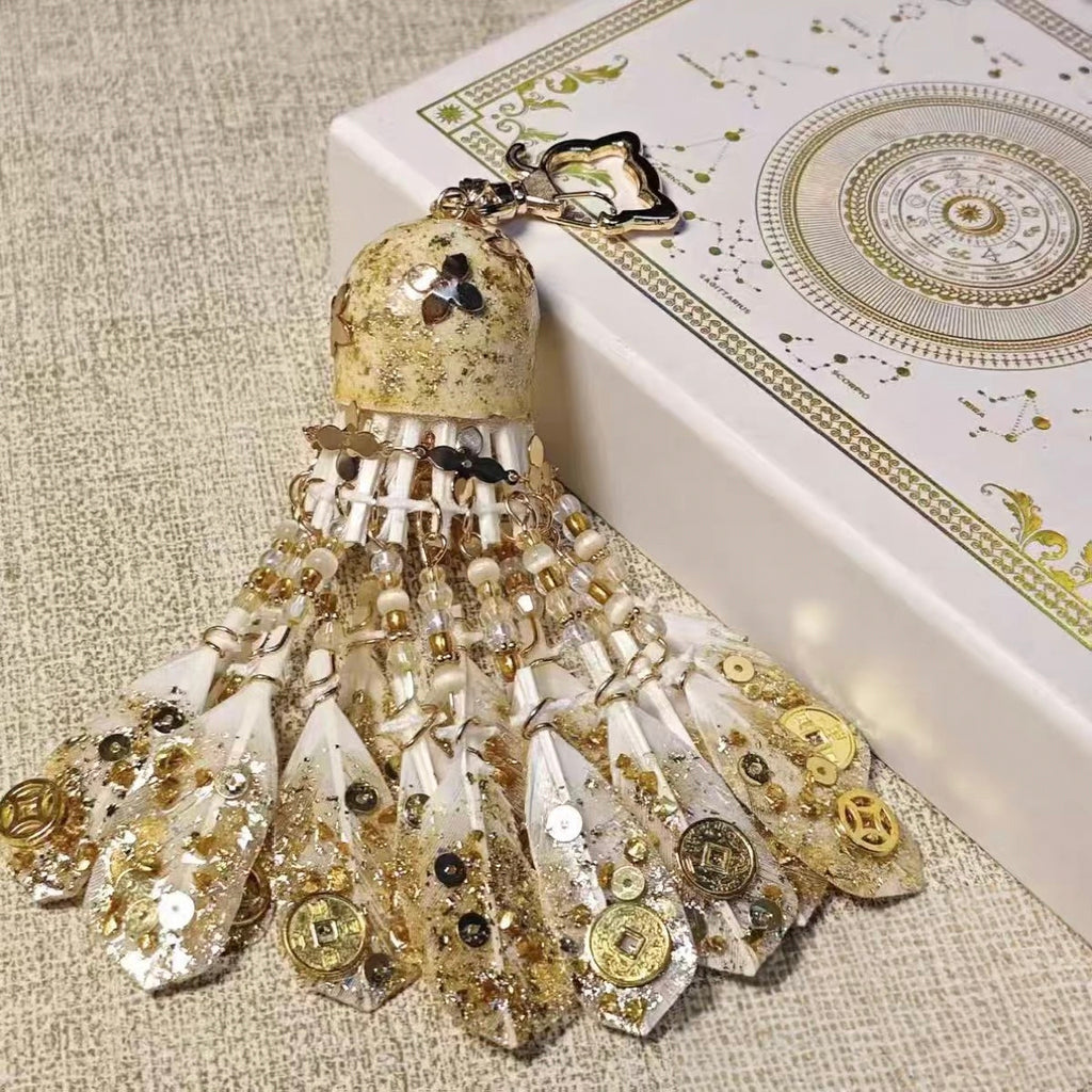 Handcrafted Gold Badminton Ornament, Backpack Charm & Mini Wind Chime, Souvenir Gift for Badminton Lovers