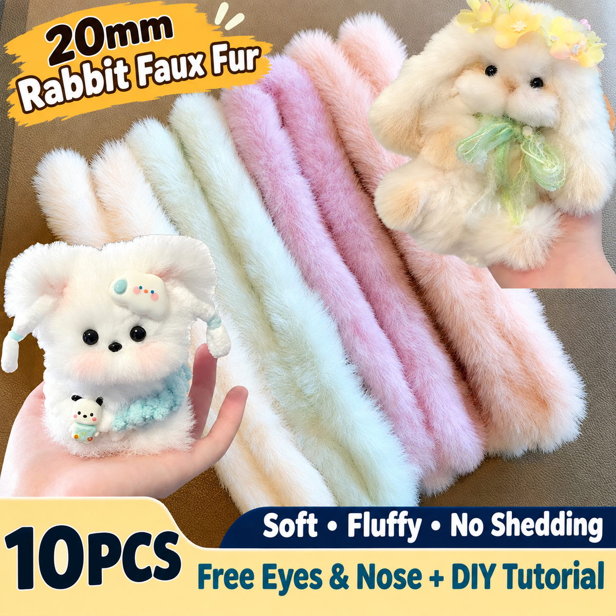 20mm Rabbit Faux Fur Pipe Cleaners, 10PCS Soft Fluffy Chenille Stems, No Shedding Craft Supplies for DIY Plush Dolls