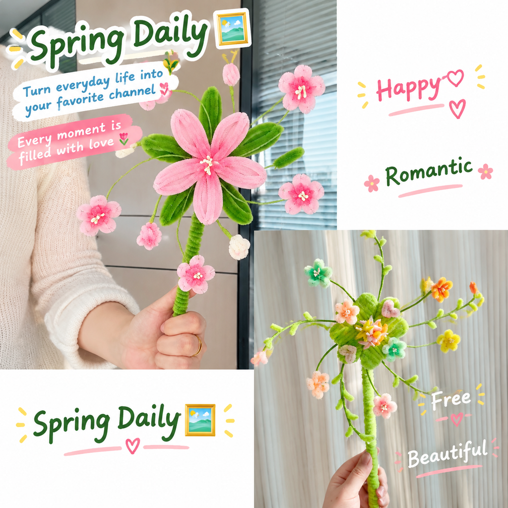 Peach Blossom Spinning Pinwheel Pipe Cleaner DIY Kit | Spring Handheld Floral Craft Set